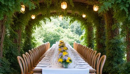 Lush garden party table setting with natural foliage