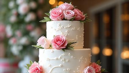Elegant multi-tiered wedding cake with fresh flowers