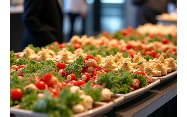 A corporate event buffet table with healthy and gourmet food options