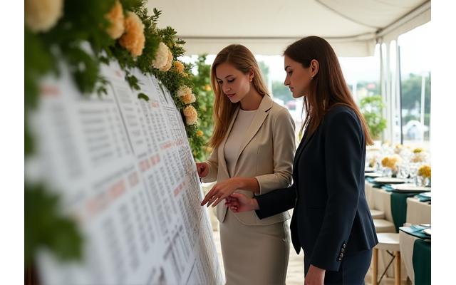 Event planners coordinating details at a beautifully set event venue