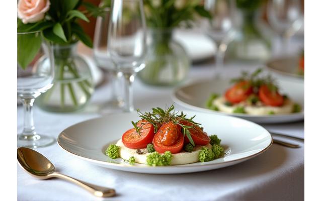 Elegant wedding table setup with floral arrangements and gourmet dishes